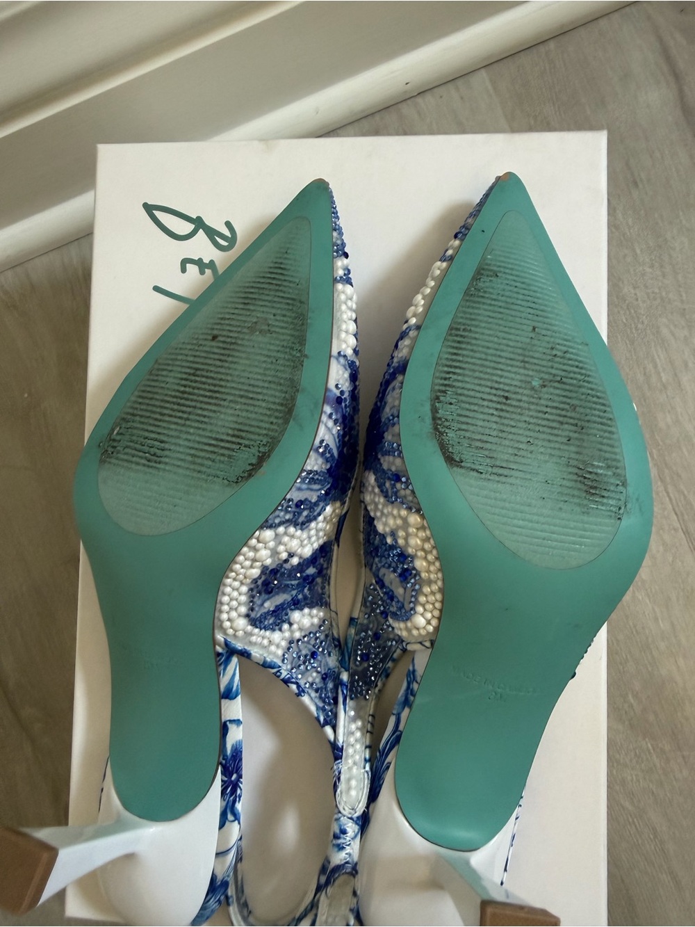 Betsey Johnson Blue and White Beaded Slingback Heels - Picture 4 of 5